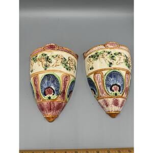 Vintage Marumon-Style Cherub Wall Pocket Sconces Pair Majolica Ceramic Japan